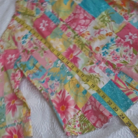 Palm Lilly Patchwork Resort Flamingo Boat Print Button 3/4 Sleeve Blouse, Size 6 - Picture 8 of 16